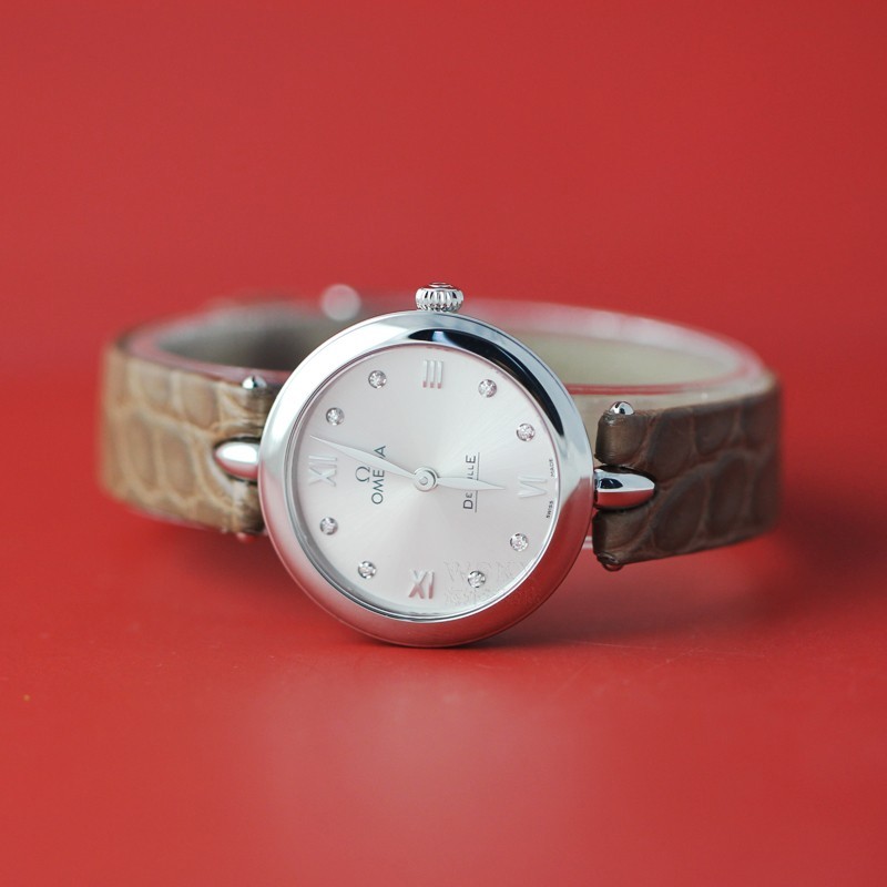 OMEGA/欧米茄瑞士手表 碟飞系列镶钻石英女士腕表 皮带银盘424.13.27.60.52.001