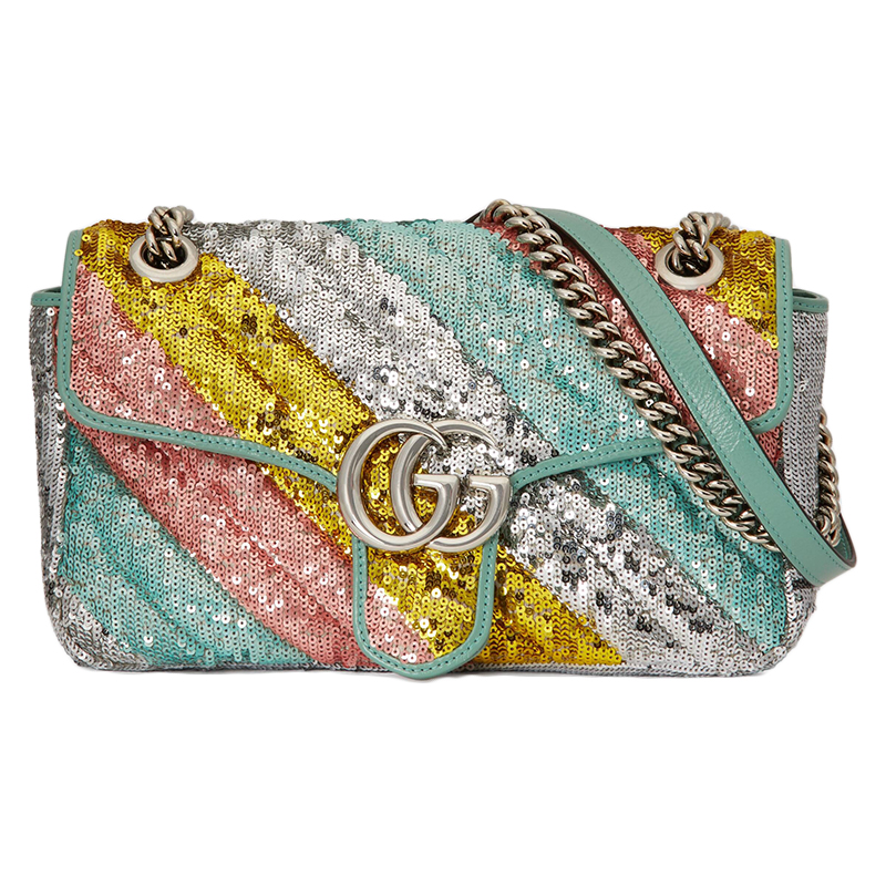 【包税】gucci/古驰 2020新款gg marmont系列 小号丝绸绣有柔和的彩色