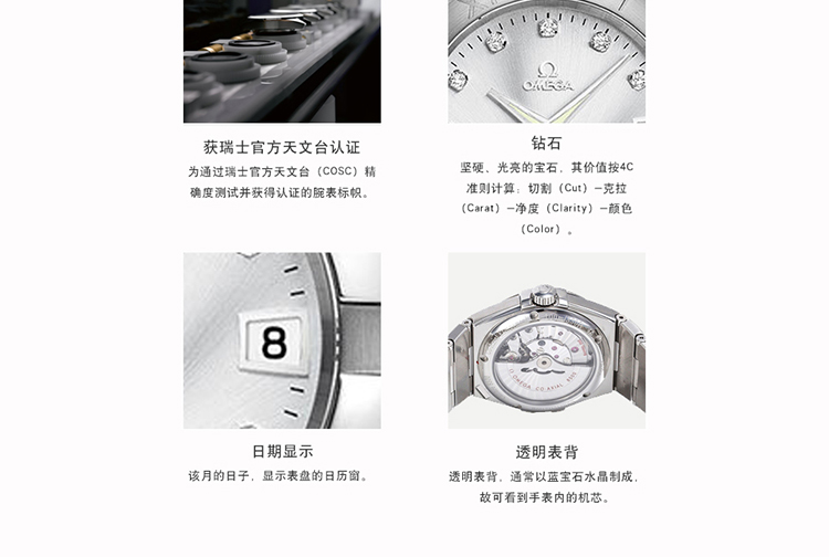 OMEGA/欧米茄瑞士手表 星座系列日历镶钻自动机械男士腕表 钢带银盘123.10.38.21.52.001