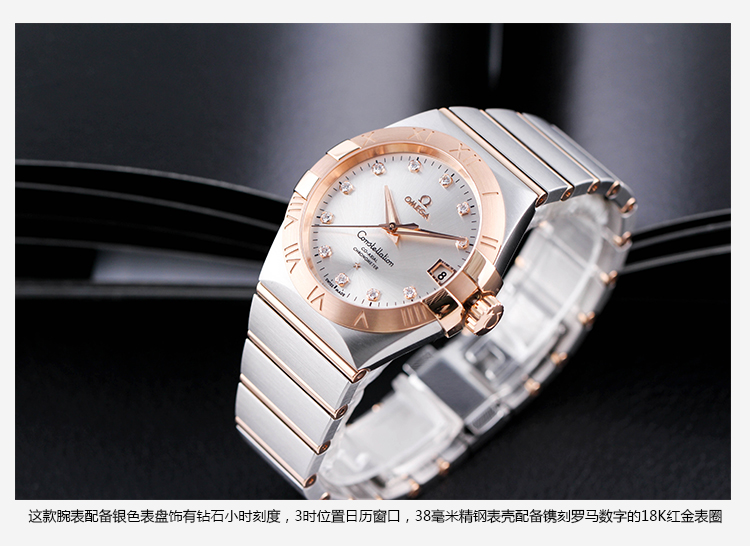 OMEGA/欧米茄瑞士手表 星座系列日历镶钻自动机械男士腕表 钢带银盘123.20.38.21.52.001
