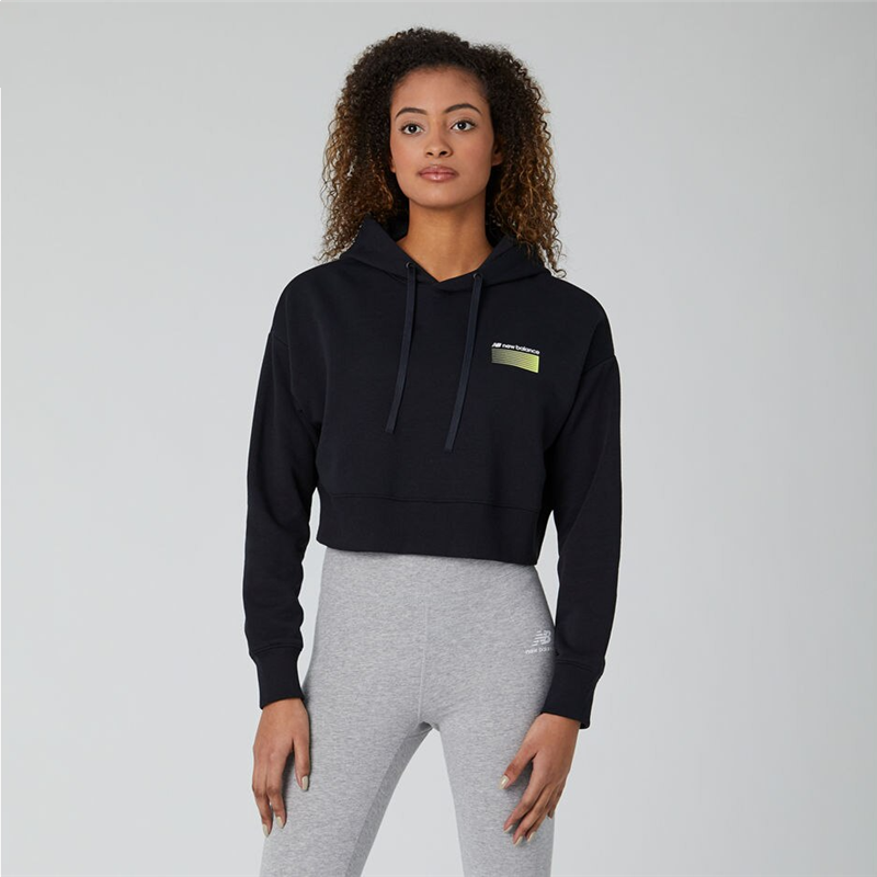 new balance 女士 黑色 短款 运动长袖连帽衫 wt01523bk
