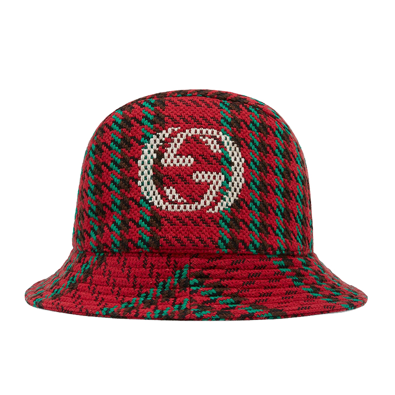 【包税】gucci/古驰 男女通用红色绿色千鸟格羊毛双g软呢帽帽子