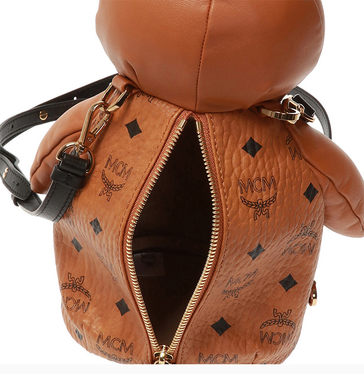 mcm/mcm 女士棕色涂层帆布经典字母印花兔子形后拉链可拆卸肩带双肩包
