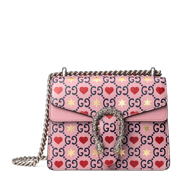 瑕疵折扣 gucci/古驰 粉色爱心星星印花小号酒神 华丽钻扣皮革单肩包