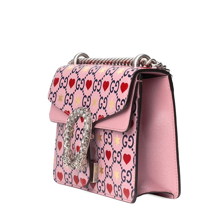 瑕疵折扣 gucci/古驰 粉色爱心星星印花小号酒神 华丽钻扣皮革单肩包