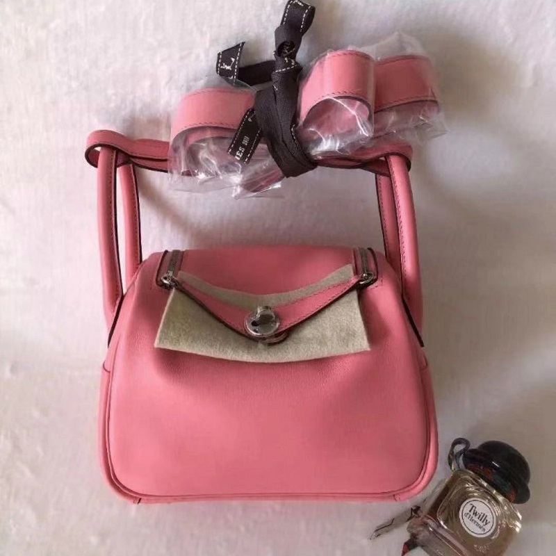 hermes/爱马仕lindy 26粉色银扣枕头包手提包单肩女包
