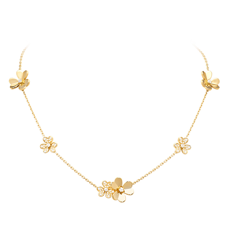 & arpels/梵克雅宝 经典frivole系列 18k金黄金镶嵌钻石9三瓣花朵项链