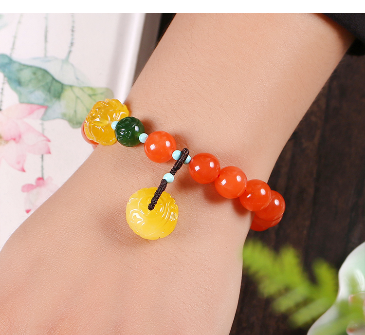 miko/蜜库珠宝 琥珀蜜蜡腕饰 樱桃红南红珠单圈龙扣手串 男女手链