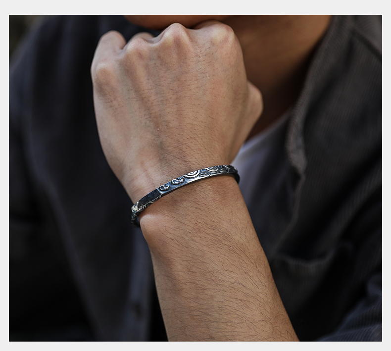 colimida/口力米大 手工原创海浪手镯男士复古999足银定制个性手环