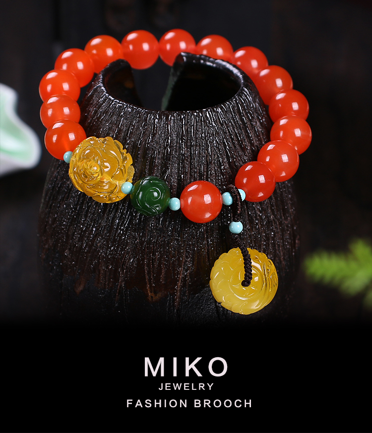 miko/蜜库珠宝 琥珀蜜蜡腕饰 樱桃红南红珠单圈龙扣手串 男女手链