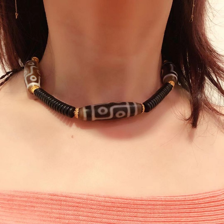 jinxuanzi/金玄紫 西藏老矿玉髓天珠搭配足金六字真言转运珠项链颈链