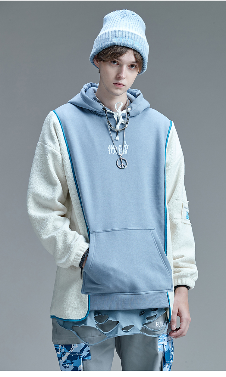 古由卡guuka潮牌蓝白加绒卫衣男连帽学生嘻哈羊羔绒拼接运动帽衫男