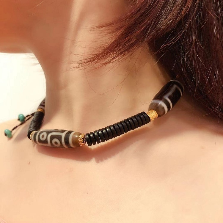 jinxuanzi/金玄紫 西藏老矿玉髓天珠搭配足金六字真言转运珠项链颈链