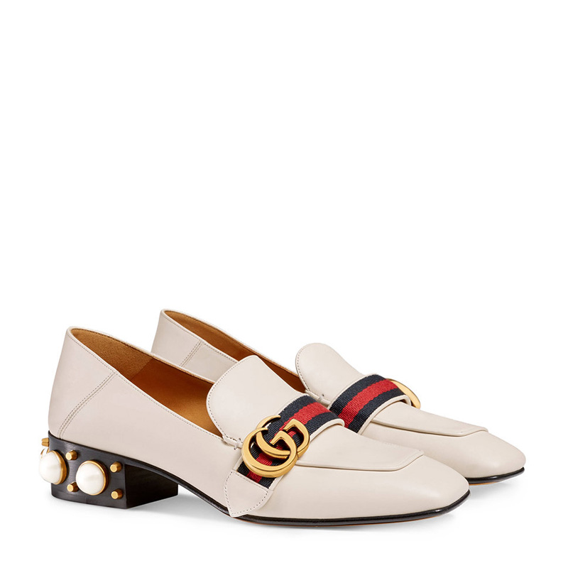 【包税包邮】gucci/古驰 古琦女鞋 经典双g 红蓝条纹 女士白色皮革