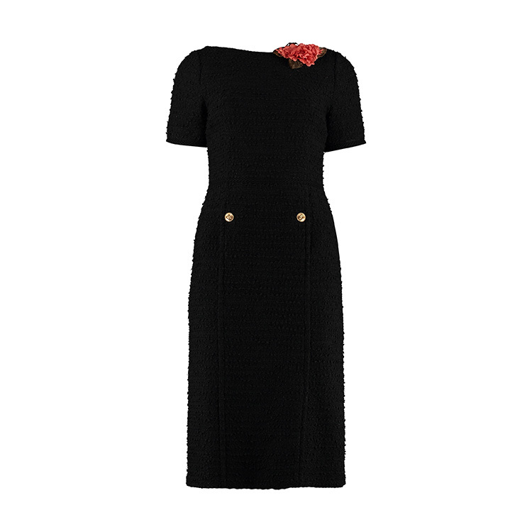 【包税包邮】gucci/古驰 古琦女装 女士黑色织物花卉装饰连衣裙