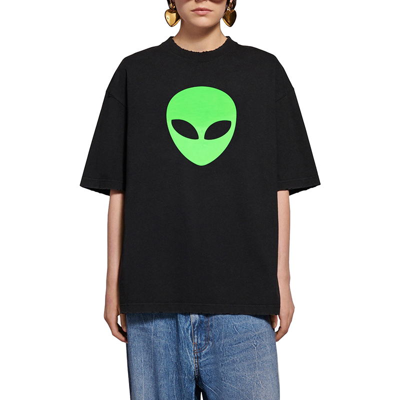 21春夏新款女士外星人印花黑色圆领纯棉短袖t恤 612965tjvk79113