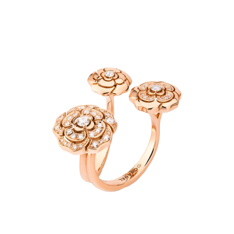 香奈儿 经典款camélia系列 18k金玫瑰金点缀钻石茶花可变形戒指jj1
