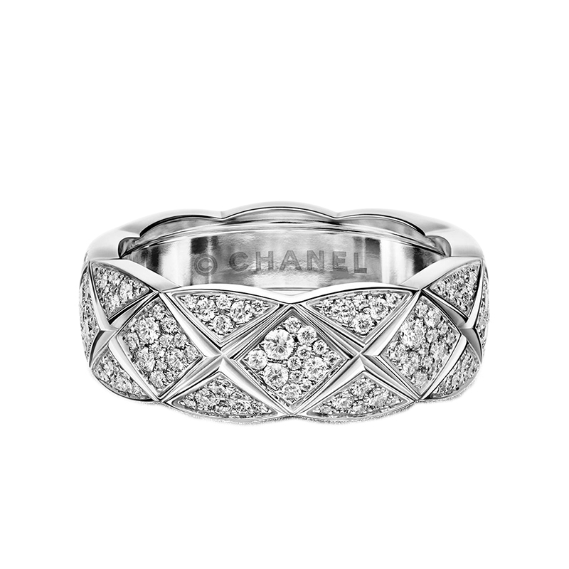 chanel/香奈儿 经典coco crush系列 小号满钻18k金白金菱格纹图案戒指