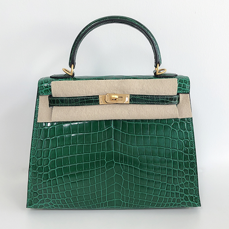 hermes/爱马仕 经典款kelly25两点鳄鱼皮革金扣6q翡翠绿a刻手提包