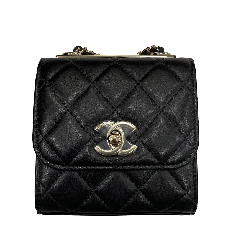 【包税】现货 chanel/香奈儿 经典款 黑色小羊皮金扣翻盖链条迷你单肩