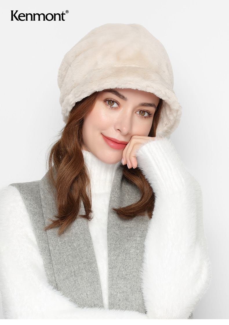 kenmont/卡蒙2020秋冬新品内里发热抗菌冬季保暖帽女式双层白色贝雷帽