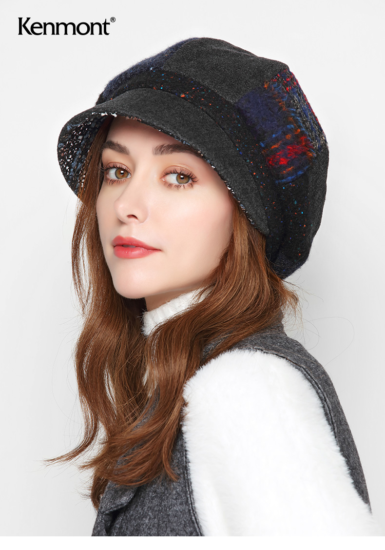 kenmont/卡蒙2020秋冬新品额头抗风毛呢拼接格子八角帽女冬英伦秋季
