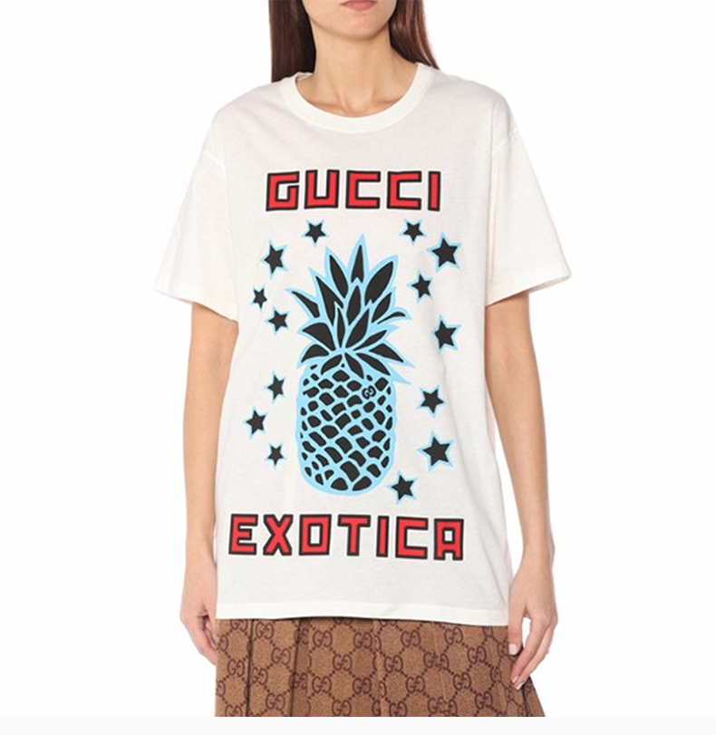 【包税】gucci/古驰 女士白色棉质酷奇菠萝印花棉质圆领短袖t恤