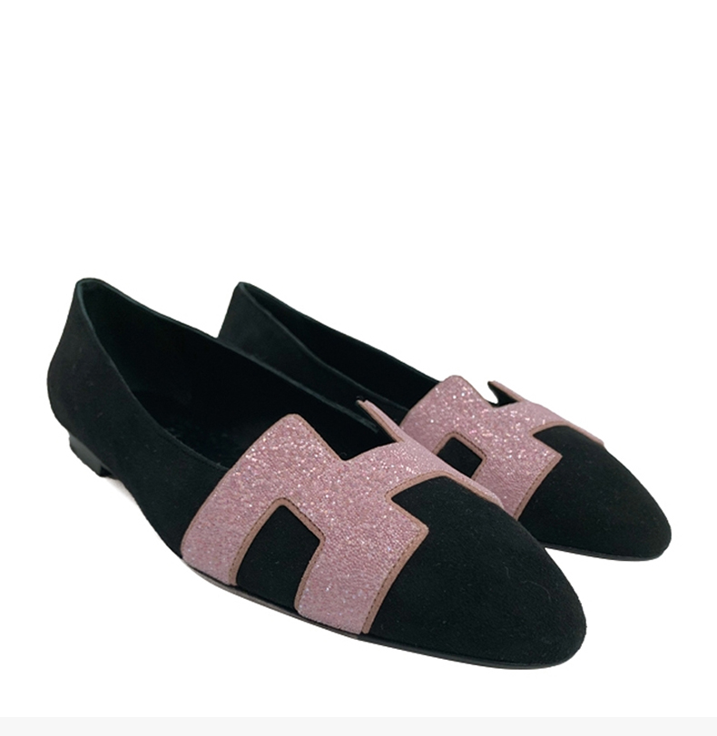 【包税】hermes/爱马仕 女士粉黑拼色经典h字母徽标平底鞋一脚蹬单鞋