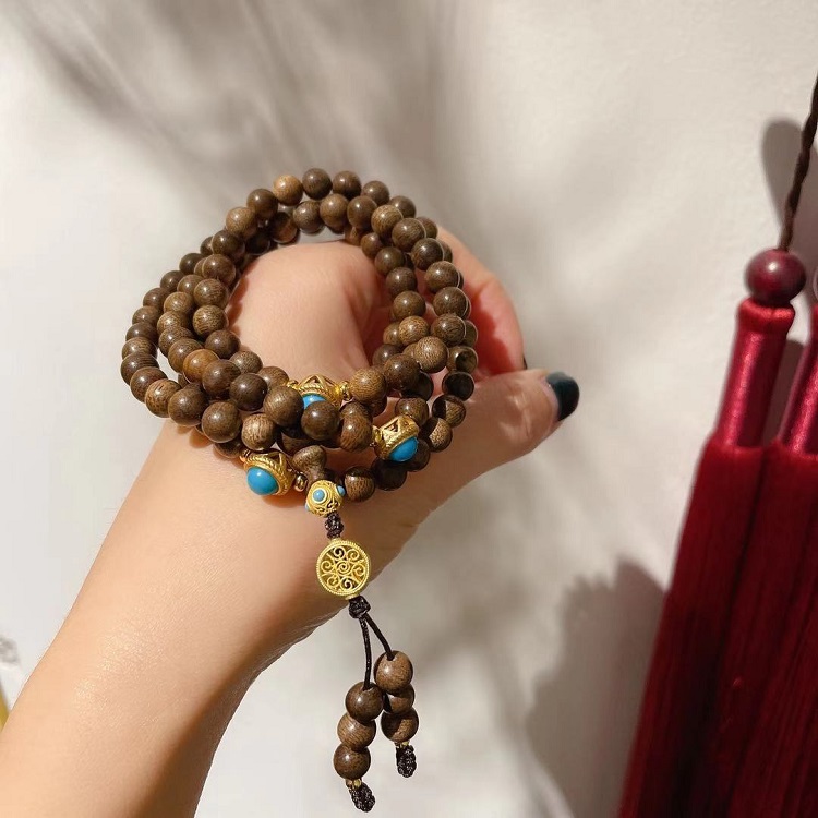 jinxuanzi/金玄紫 加里曼丹老料沉香串珠108颗搭配松石配珠手串