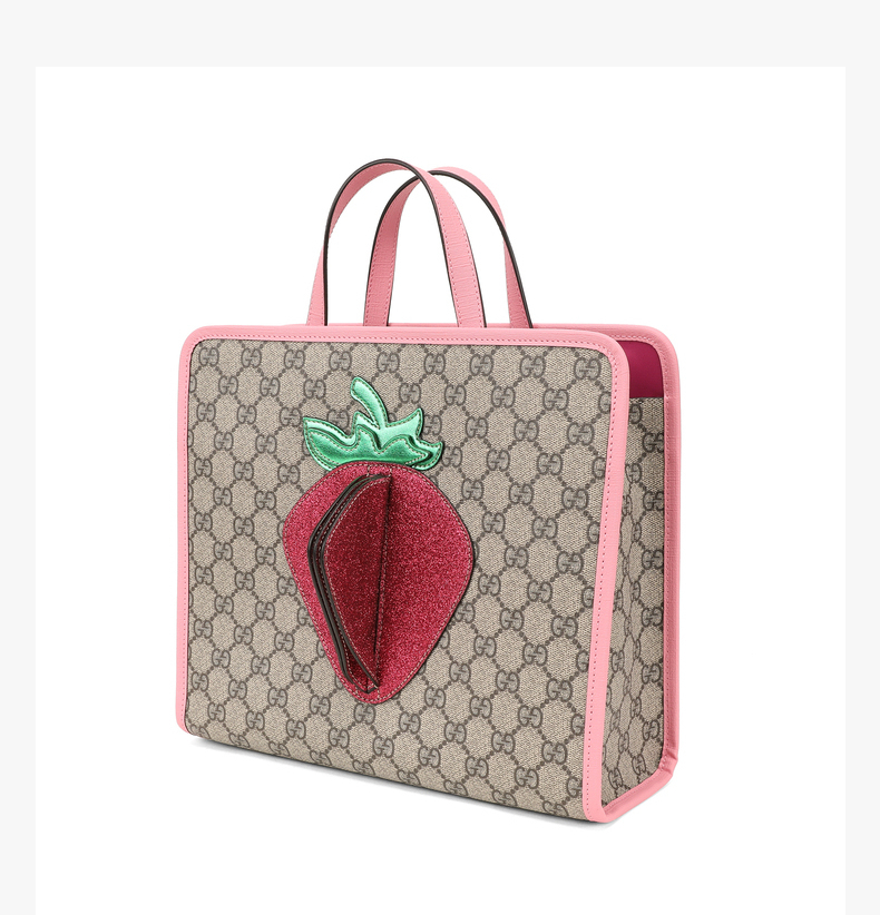 gucci/古驰 【21春夏新款】儿童咖啡色合成革帆布gg草莓托特包 630589