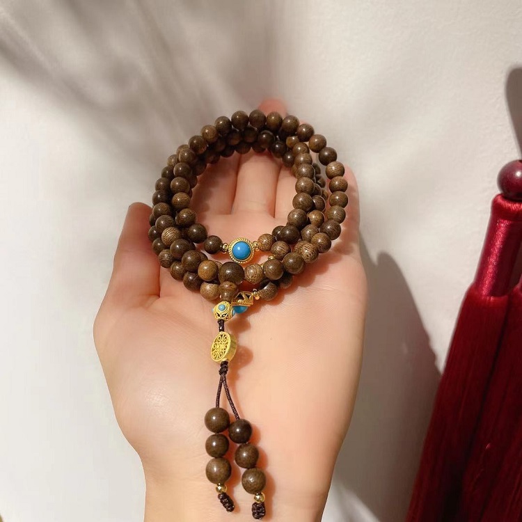 jinxuanzi/金玄紫 加里曼丹老料沉香串珠108颗搭配松石配珠手串