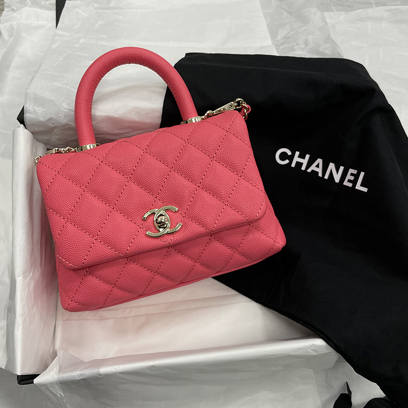 【包税】现货 chanel/香奈儿 经典coco handle系列 女士迷你粉色牛皮