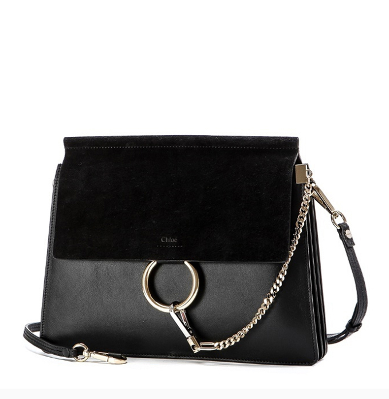 chloe/克洛伊 女士黑色牛皮圆环链条装饰翻盖梯形单肩