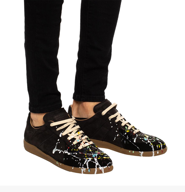 maison martin margiela 男款黑色皮革泼墨印花德训鞋休闲鞋运动鞋