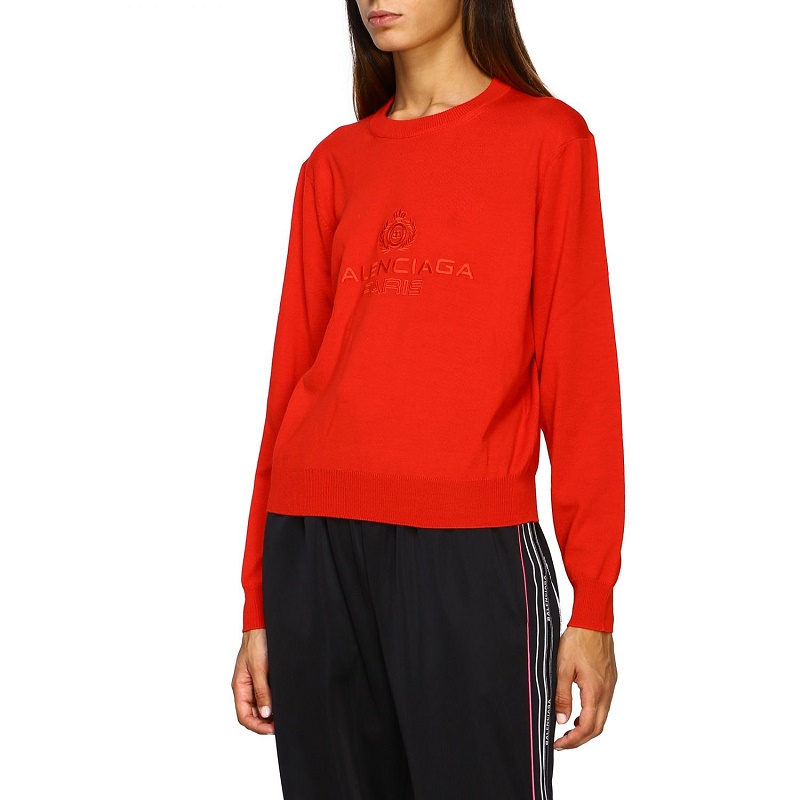 balenciaga/巴黎世家 女士红色圆领时尚百搭羊毛毛衣针织衫 595106-t