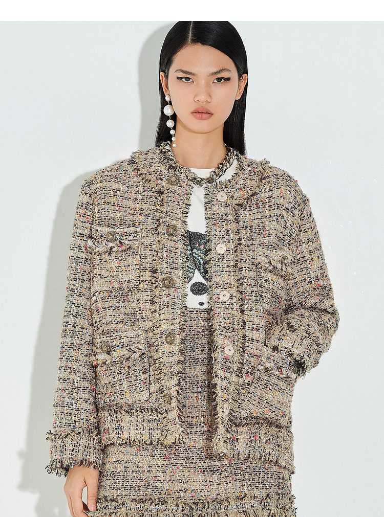 dzzit/dzzit地素21年春装新款圆领复古宽松粗花呢外套女士大衣3d1g