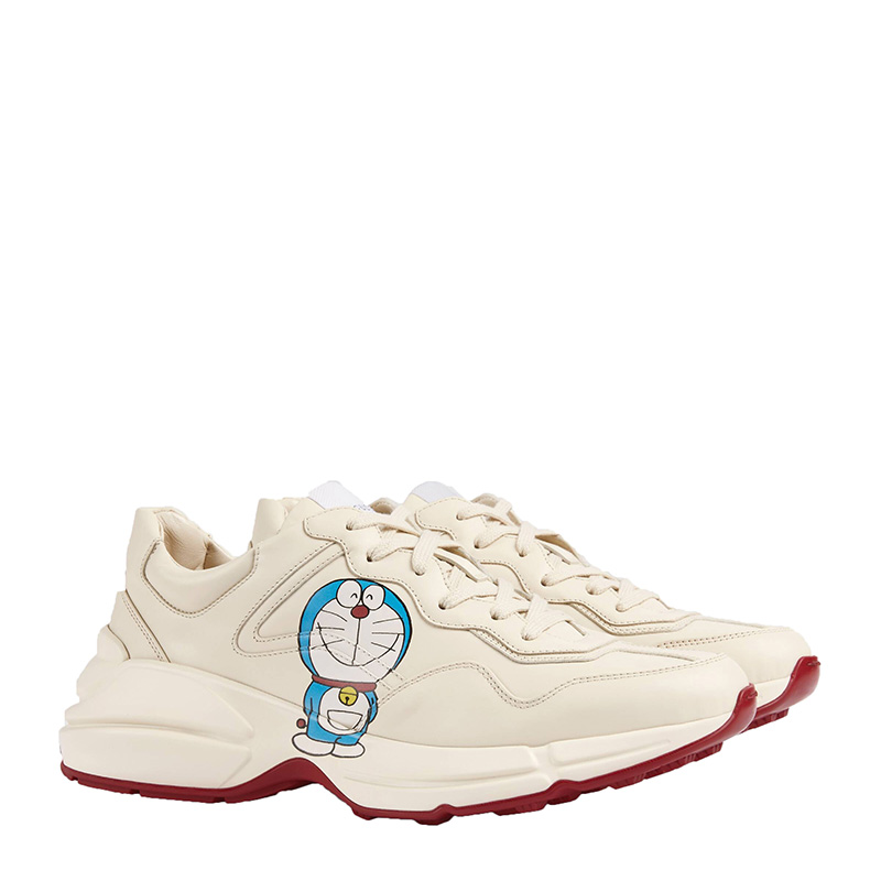 【包税】gucci/古驰 21早春新款男士哆啦a梦系列象牙白色皮革休闲运动