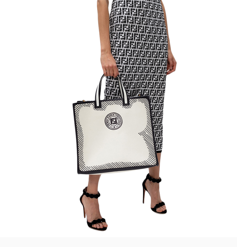 fendi/芬迪 女士黑白拼色尼龙双f徽标印花短手提购物袋手提包女包 8bh