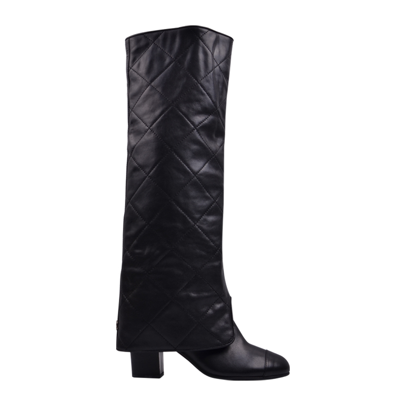 【瑕疵折扣】chanel/香奈儿 女士 黑色牛皮 斜纹套筒粗跟过膝长筒靴