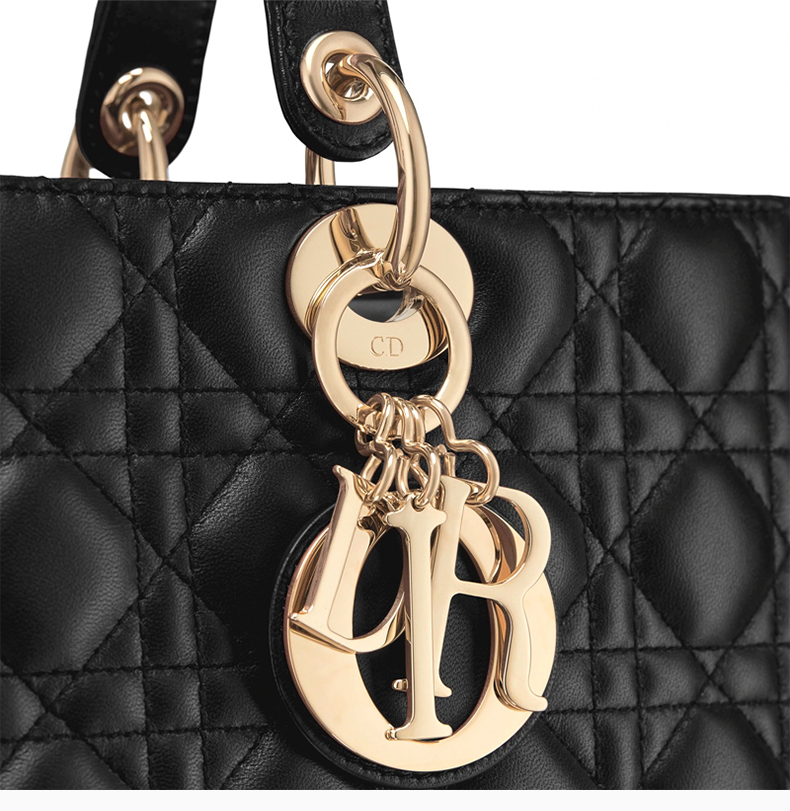 迪奥 大号lady dior系列女士黑色羊皮革藤格纹单肩包斜挎包手提包女包