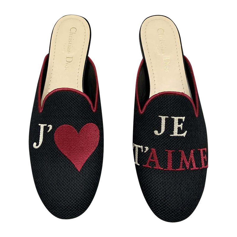 【瑕疵折扣】dior/迪奥 黑色织物刺绣平跟女士凉拖 atkcb537ercs900