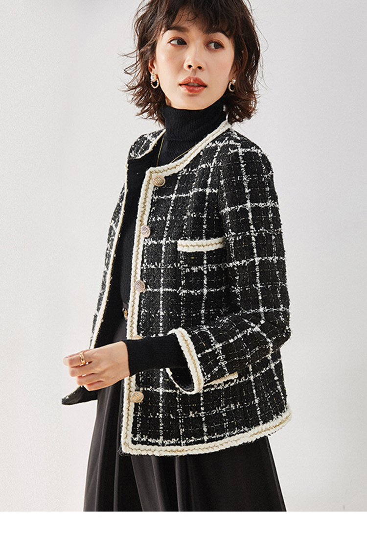 小香风圆领气质短款女士外套上衣经典欧式优雅编织格子外套女 女装>