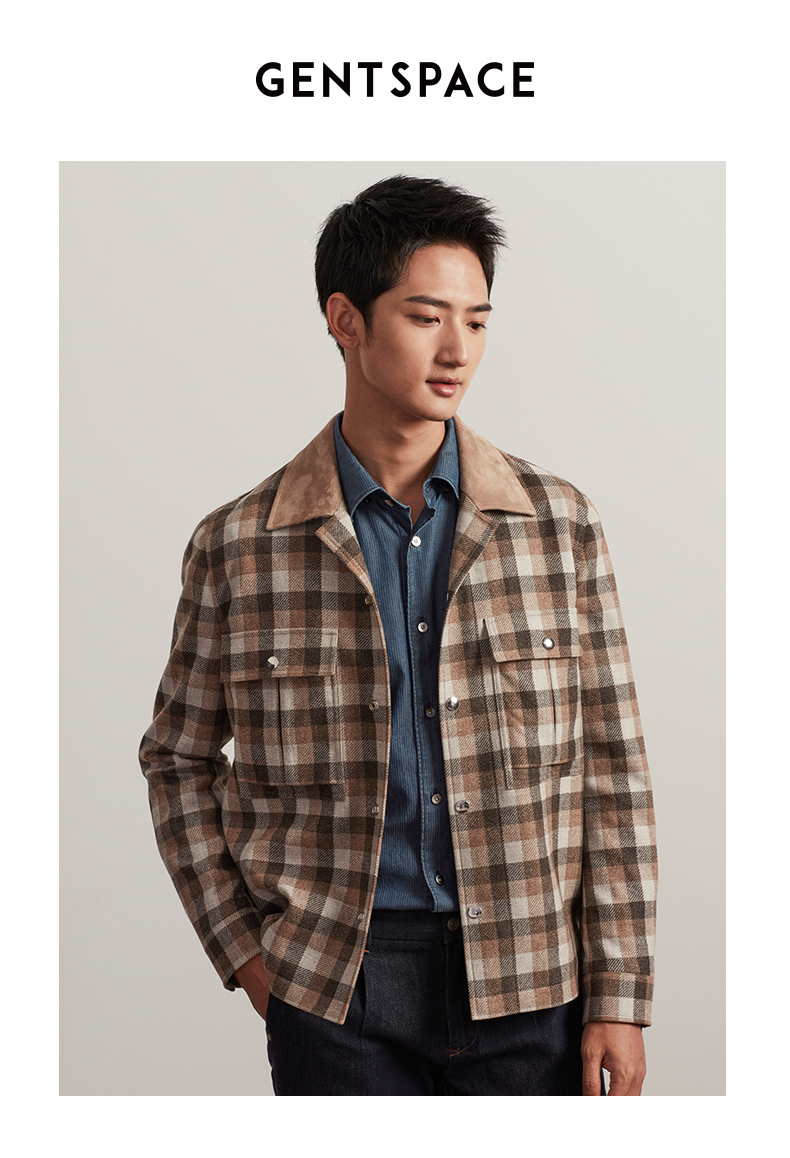 gentspace/gentspace莫兰迪陶色翻领贴袋格纹羊毛衬衫男士夹克