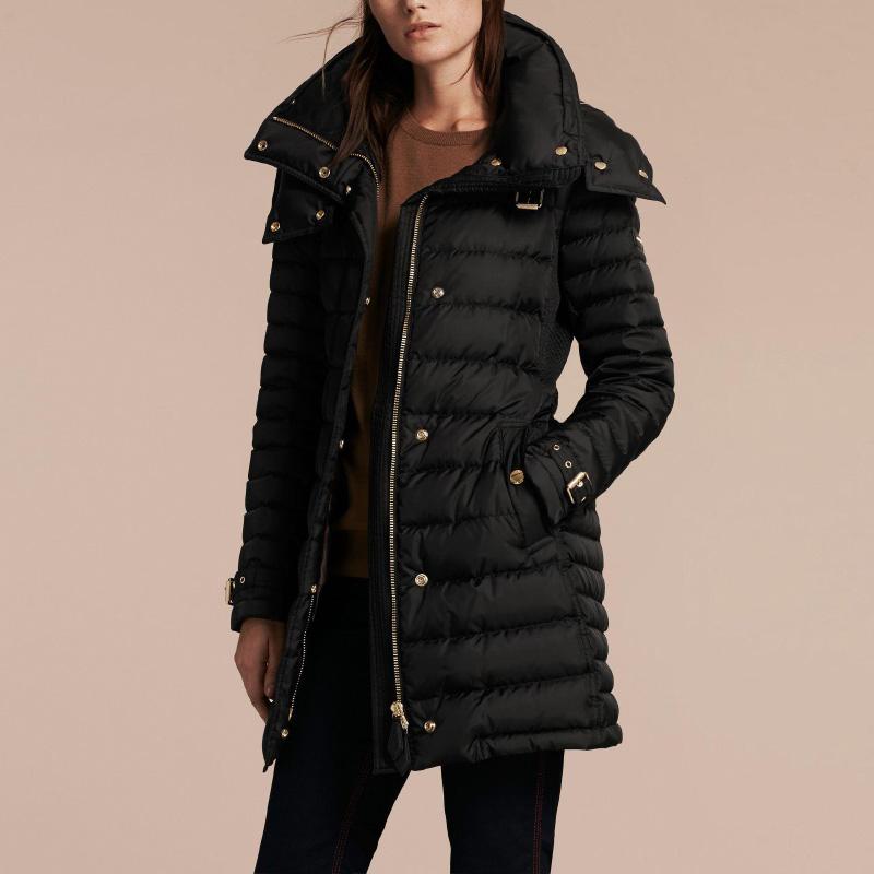 burberry/博柏利 女士黑色连帽羽绒服 带腰带 中长款 40470611【预售
