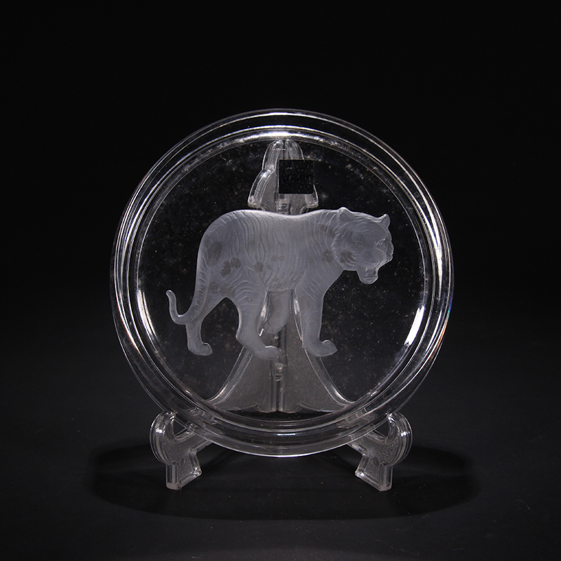 【日本回流】hoya水晶玻璃磨砂刻花生肖虎圆盘烟灰缸1对收藏摆件wg