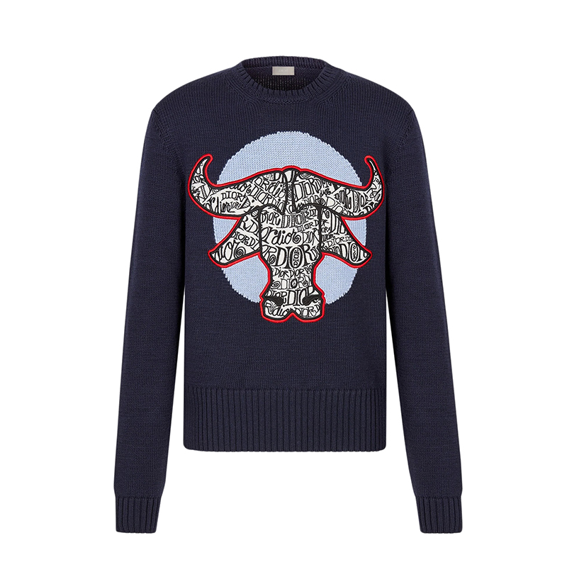 2021春夏新款dior and shawn系列 男士海军蓝色羊毛彩色牛头刺绣长袖