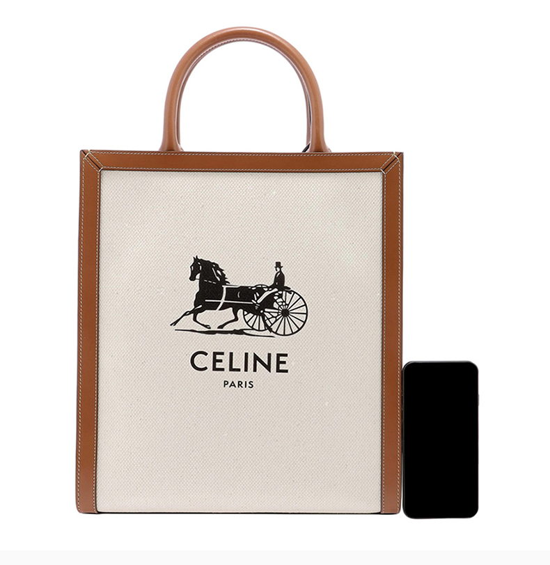 celine/賽琳 女士米色棉質配皮字母徽標馬車圖案印花單肩包斜挎包手提