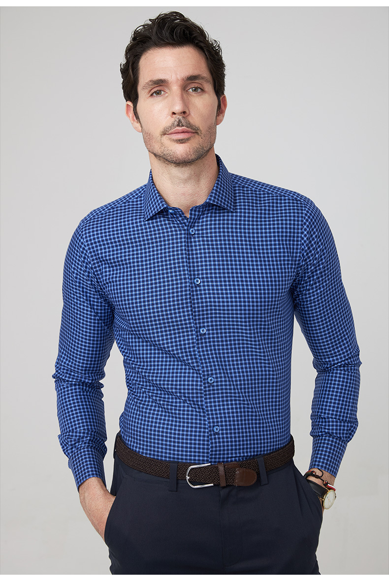 camicissima/恺米切免烫修身商务休闲男士长袖衬衫格子纯棉抗皱衬衣