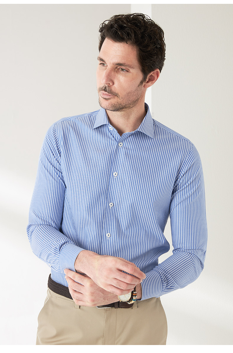 恺米切免烫修身商务休闲男士长袖衬衫 纯棉竖条纹衬衣温莎领