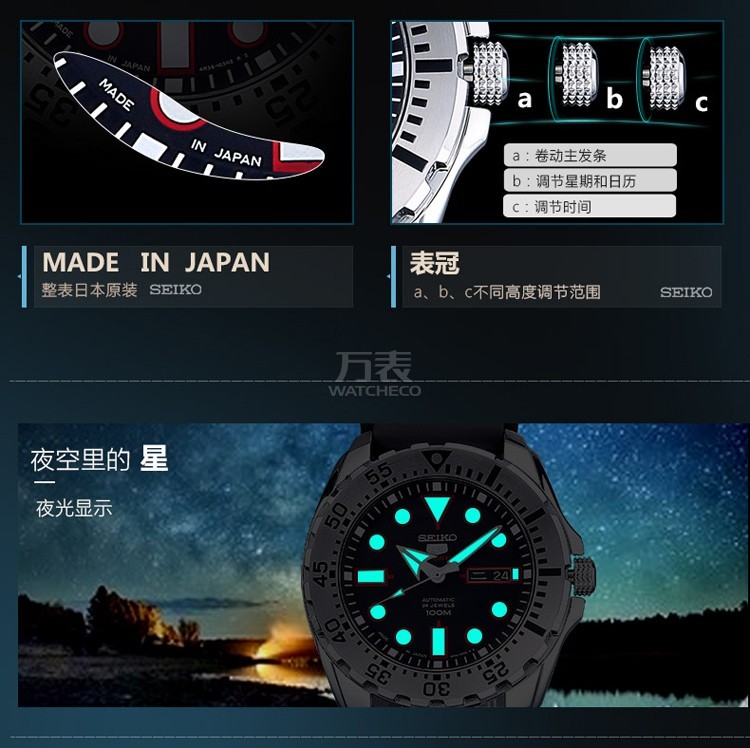 SEIKO/精工精工（SEIKO）手表 日本原装进口SEIKO5号运动系列红牙水鬼夜光黑盘胶带4R机芯自动机械男表SRP601J1